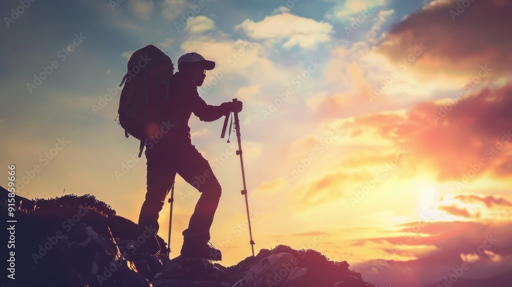 Wall mural Silhouette of a Hiker on a Mountain Peak at Sunset