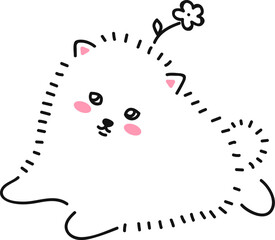 Cute little white dog lying. Fluffy dog, puppy pomeranian spitz puppy with a flower on his head. Doodle drawing by hand. Linear graphics. Isolated vector illustration.
