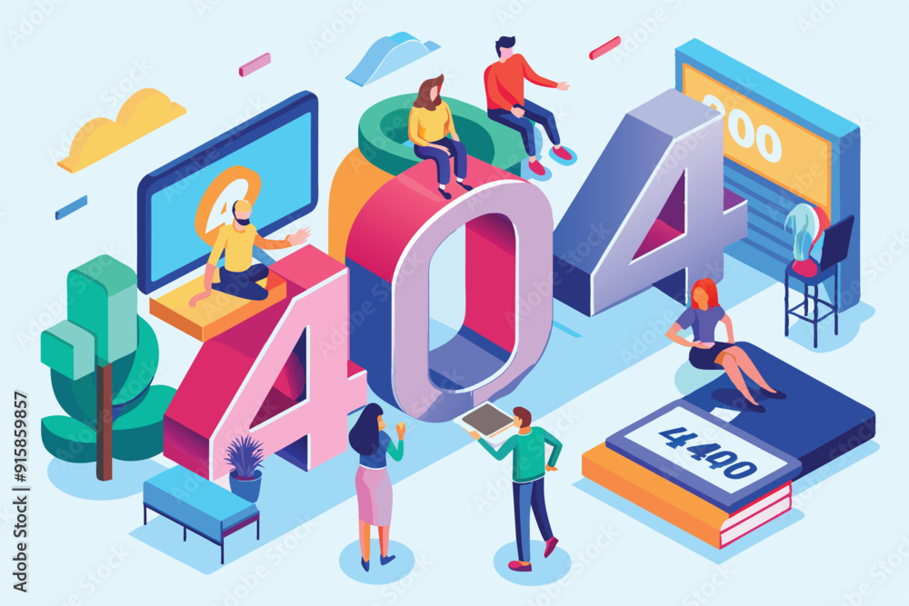 Poster characters engage with large error numbers while surrounded by colorful graphics and elements in a l
