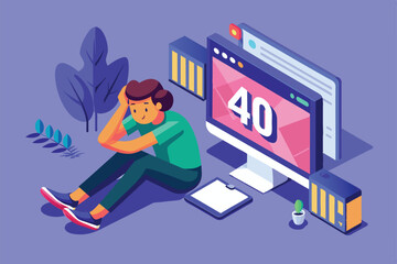 A fatigued individual sits beside a computer screen showing the number 40, surrounded by office supplies and plants in a casual workspace