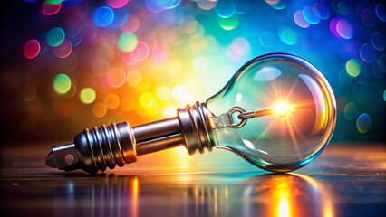 A shiny metal key unlocks a glowing light bulb, symbolizing innovation, creativity, and brainstorming in a bright and colorful background.