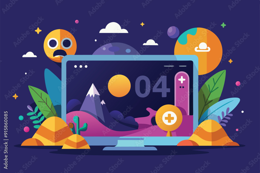 Poster a vibrant depiction of customizable portals set in a whimsical landscape, featuring playful characte