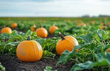 Obraz premium Pumpkins scattered across a farm field, thriving in a pumpkin patch, ready for harvest