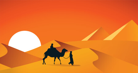Silhouette of the Camel Trader crossing the sand to pyramid dune during sunset. Silhouette illustration of riding a Camel during sunset, desert, rajasthan, morocco, dunes, thar
