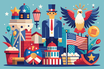 Fototapeta premium Celebrate Independence Day with a vibrant illustration showcasing iconic American symbols, including flags, an eagle, and festive decorations
