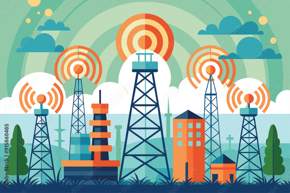 Poster a vibrant array of network towers with radio signals in a stylized landscape under a bright, colorfu