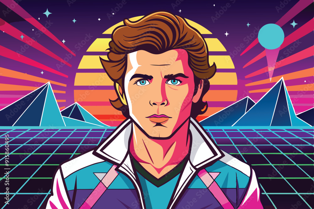 Aufkleber a retro futuristic character stands confidently in a colorful setting with geometric mountains and a