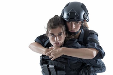 A determined female police officer swiftly arrests a suspect, prioritizing public safety. Her quick reflexes ensure a secure environment for all citizens.
