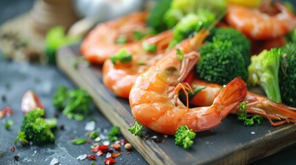 Ingredients for cooking stir fry shrimp with broccoli close up on a table. Prawns and broccoli.