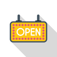 Bright yellow open sign is hanging and illuminated, indicating a shop or business is open for customers