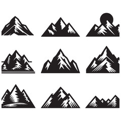 Set Mountain icons, Collection different types of Mountains Black with white background