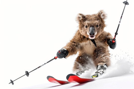 A funny raccoon is skiing down a mountain with a big smile on its face, enjoying the winter sport. The image is a playful and humorous take on skiing.
