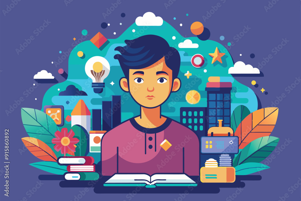Poster a student sits focused with an open book, surrounded by colorful elements representing creativity an