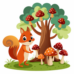 Squirrel Among the Mushrooms art vector illustration