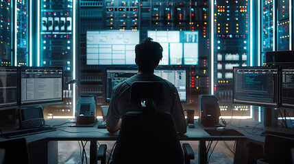A male IT worker sits at his desk in front of computer monitors and looking computer screen, seen from behind and looking over the of an AI system that processes data on monitor displaying code