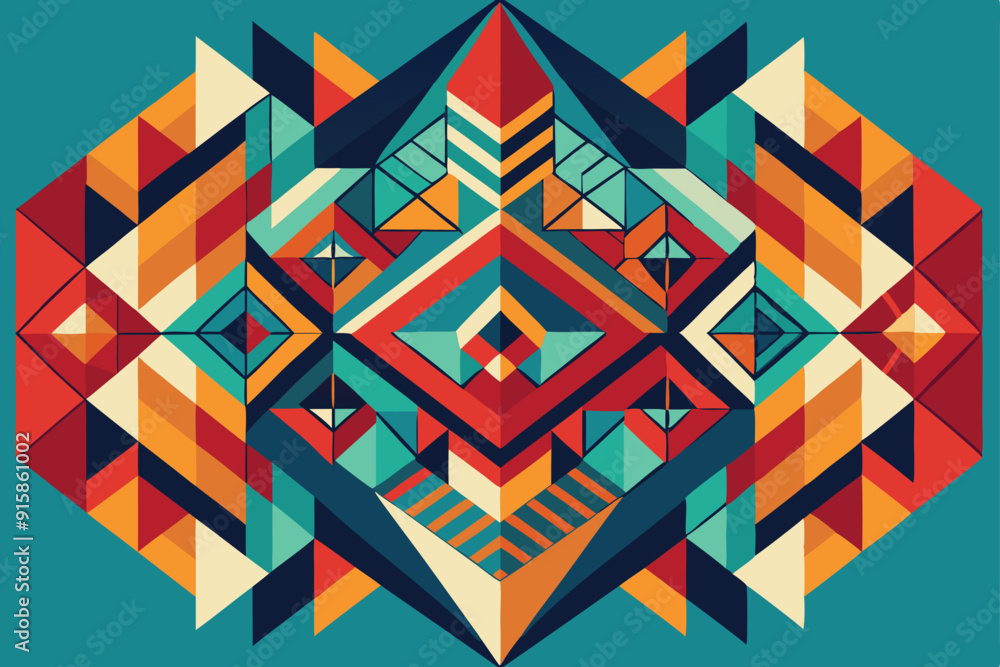 Poster colorful geometric shapes and patterns interlock to create a striking visual composition filled with