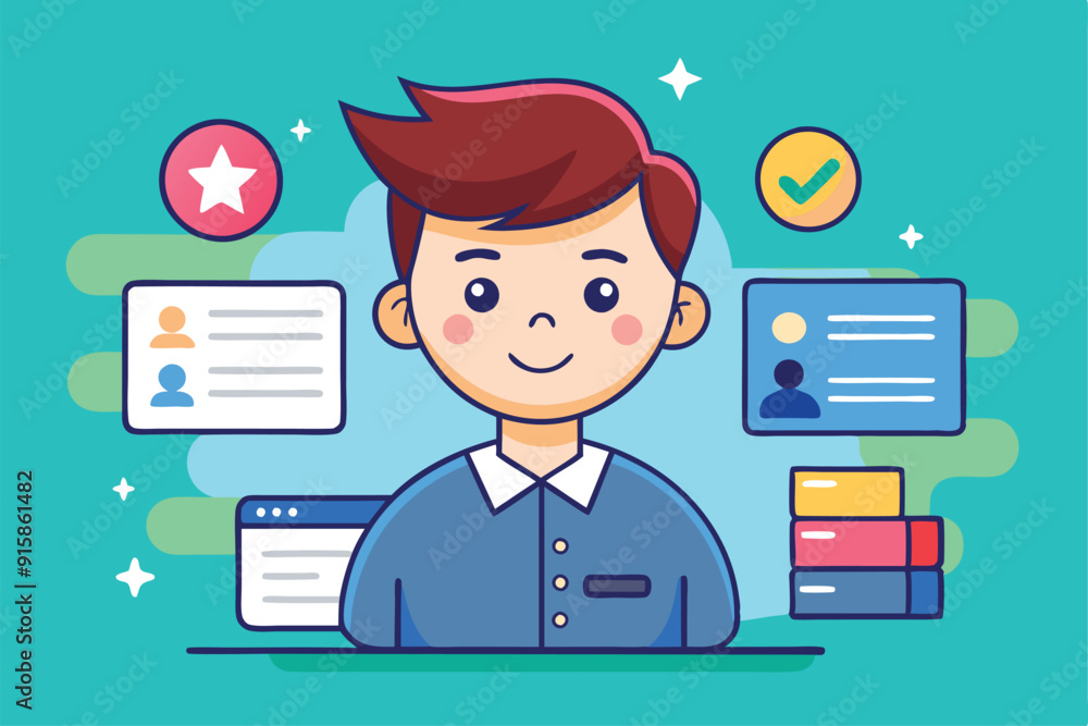Poster a cheerful young boy is surrounded by user interface elements showcasing customizable profiles and d