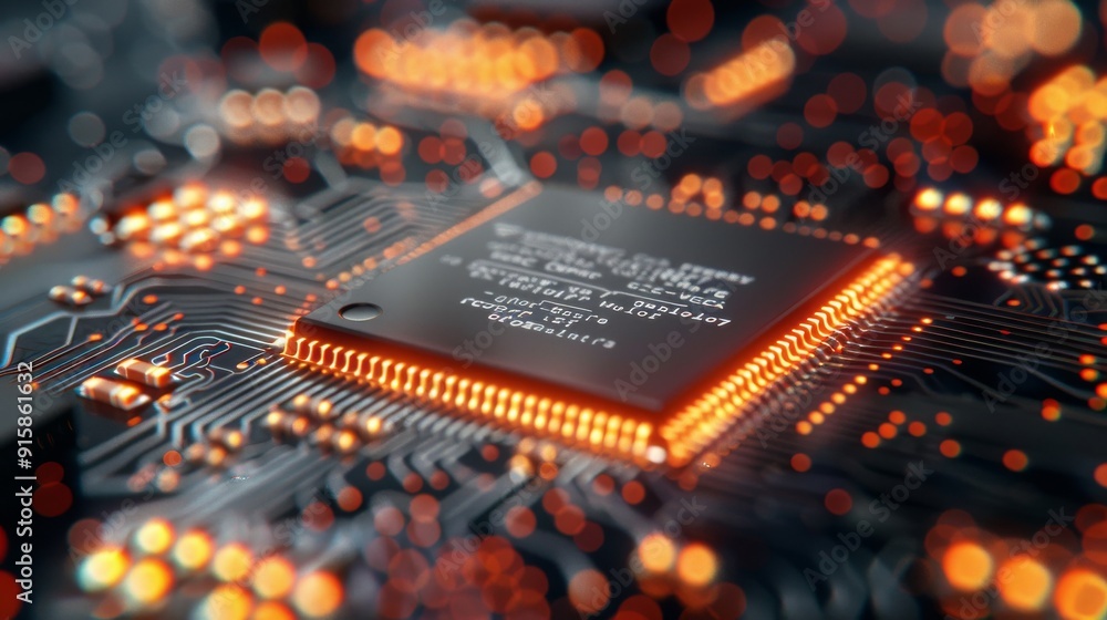 Poster close-up view of a microprocessor on a circuit board with glowing connections at night
