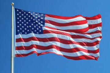 Fototapeta premium majestic waving american flag filling frame rich colors and textured fabric convey patriotism and national pride against clear sky