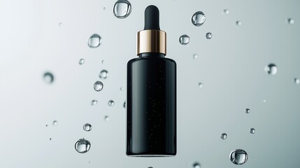 A black skincare oil bottle with a pump, floating in midair.