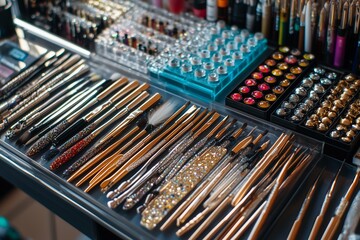 A colorful array of nail art tools and accessories on display in a beauty salon during daylight hours