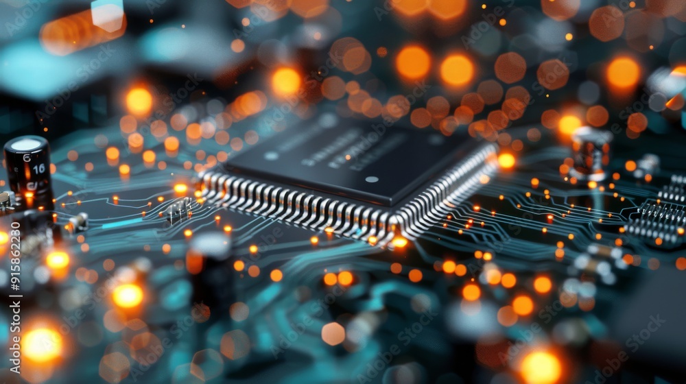 Poster close-up view of a microprocessor on a circuit board with glowing connections at night