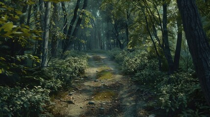 Fototapeta premium Wooded trail bordered by foliage