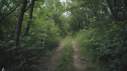 Obraz premium Wooded trail bordered by foliage