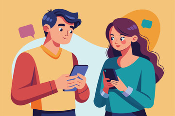 A couple enjoys a cheerful conversation on their mobile phones late in the evening while sitting together at home
