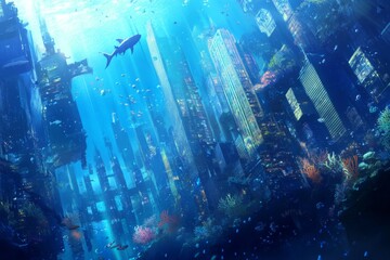 Obraz premium Underwater Anime Metropolis: Coral Cityscape with Towering Coral Skyscrapers, a Dazzling Submerged Urban Fantasy World,Abstract concepts, game concept art, storybook illustrations, comic strips