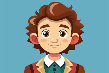 A cheerful young boy with brown hair smiles, showcasing a customizable cartoon illustration in a lively and bright background