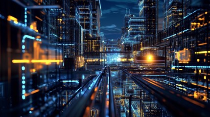 A futuristic cityscape at night with glowing lights and intricate structures showcasing modern architecture and technological advancements