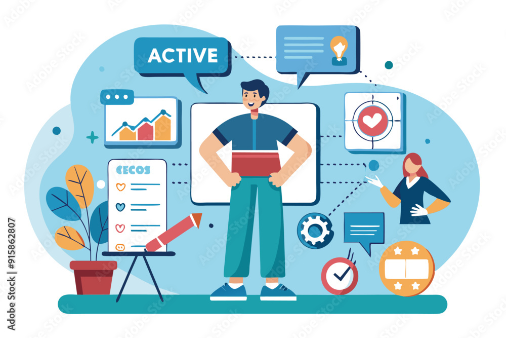 Poster a person stands confidently with supportive visual aids while engaging in an interactive workshop fo