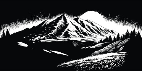 a black and white drawing Mountains