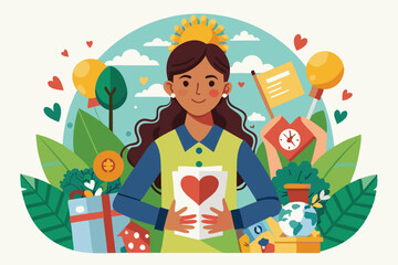 An activist is joyfully holding a heart-shaped card while surrounded by festive decorations and symbols of charity, embodying community spirit and outreach