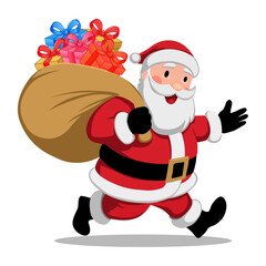 Jolly Santa Claus Carrying a Sack of Christmas Presents, Santa Claus with a Bag of Gift Boxes, Merry Christmas Vector illustration