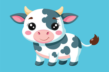 Obraz premium A cute and cuddly dairy cow features a tiny pink nose while standing cheerfully against a vibrant blue background