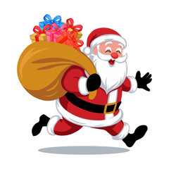 Jolly Santa Claus Carrying a Sack of Christmas Presents, Santa Claus with a Bag of Gift Boxes, Merry Christmas Vector illustration