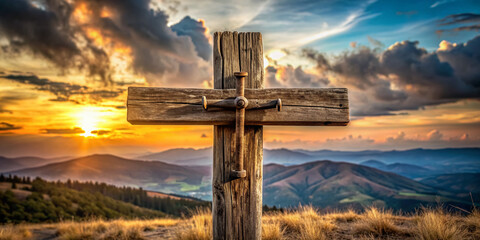 A weathered wooden cross stands erect on a rustic mount, a solitary iron nail piercing its center, symbolizing sacrifice and redemption in a serene landscape.