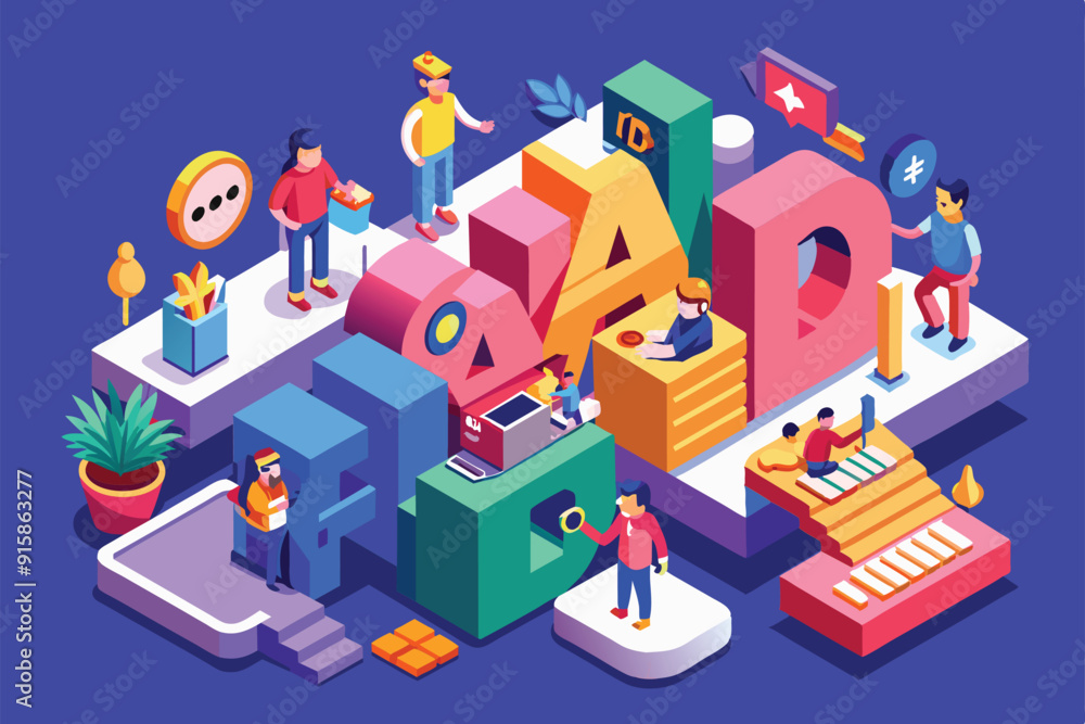 Poster multicolored characters interact in a vibrant digital workspace, featuring various activities like c