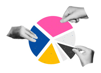 Halftone hands holding pie chart diagram parts art collage element. Business data and market share concept. Modern retro grunge vector illustration isolated on transparent background