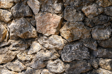 light and shadow on a wall made of real stone close-up background