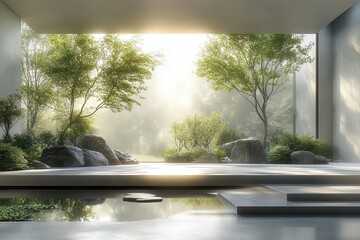 Fototapeta premium minimalist zen garden with abstract green elements serene and balanced composition