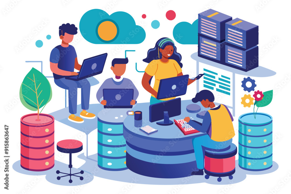 Poster a group of database administrators engages in collaborative work, utilizing laptops and desktops to 