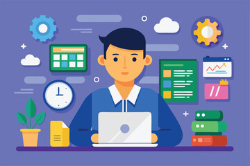 A young professional focuses on their laptop while surrounded by office tools, plants, and organizational charts in a vibrant workspace