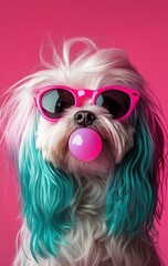 Naklejka premium Adorable Shih Tzu dog with long fur wearing pink sunglasses and blowing bubblegum. Bright pink background adds to the playful vibe. Party concept. 