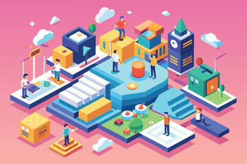 Fototapeta premium People are interacting in a lively urban setting, participating in various activities within a customizable isometric landscape
