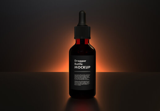 Dropper Bottle Mockup on a Dark Scene With A Blooming Rising Eclipse Light
