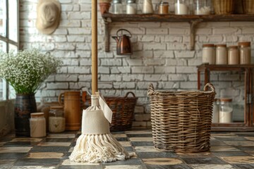 Mop and bucket on the floor in a kitchen, cleaning service
