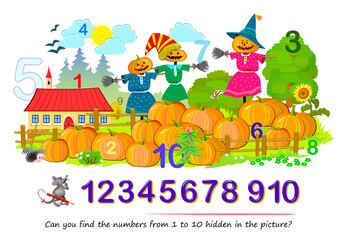 Can you find the numbers from 1 to 10 hidden in the picture? Logic puzzle game. Math education for young children. Developing counting skills. IQ test. Vector image. Printable worksheet for kids.